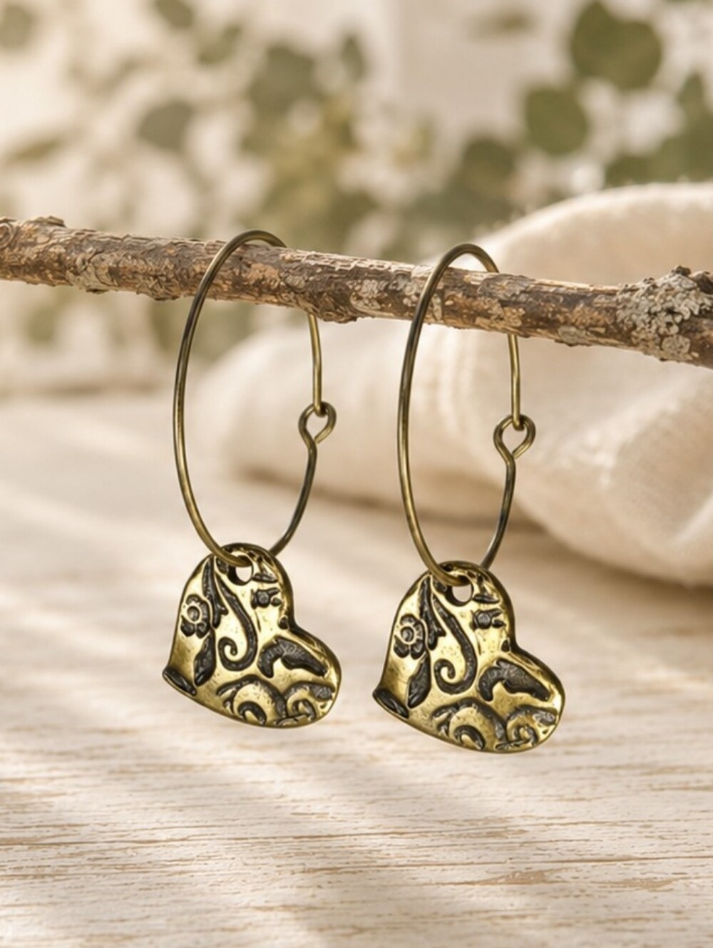 Brass Heart Hoop Earrings Boho Minimalist Romantic Cottagecore Hand Crafted